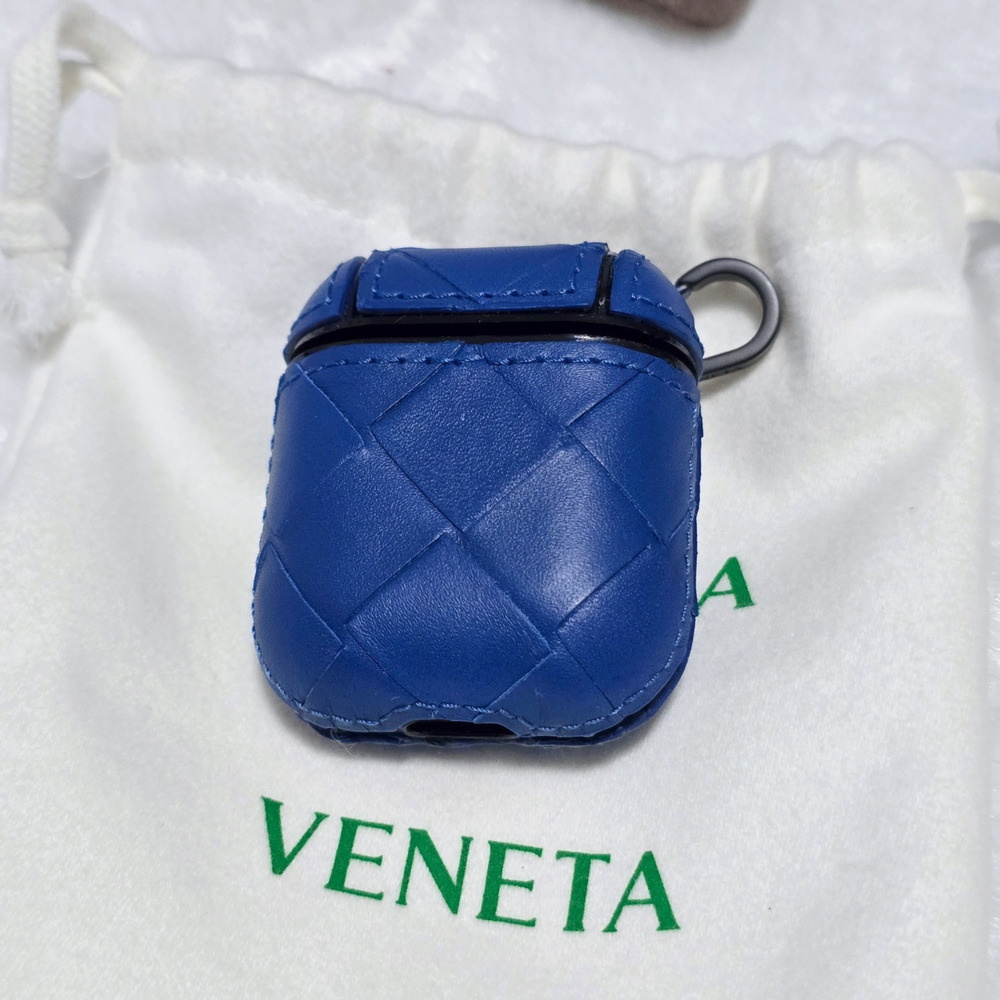 Bottega Veneta Intrecciato Leather AirPods Case w/ Carabiner in Blue